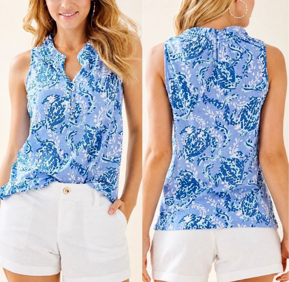 Lilly Pulitzer Essie Sleeveless Top Blue Peri Turtley Awesome Size XS